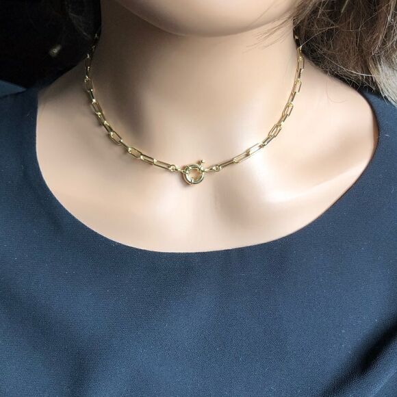 14k Gold Rectangle Link Toggle Choker Necklace - Picture 2 of 10